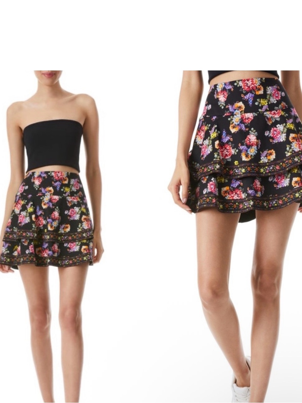 Alice + Olivia Black Floral Tiered Skater Mini Skirt